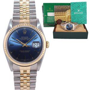 Rolex 36mm Blue Face Two Tone Watch W/ Cards and Box